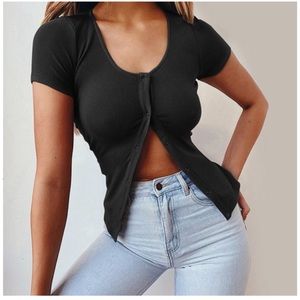 Black Snap Short Sleeve Ribbed Top